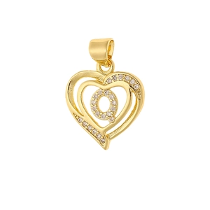 Detailed view of heart-shaped gold pendant with cubic zirconia letter Q inlay
