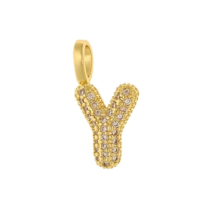 Vue macro du pendentif lettre Y plaqué or avec pavage en zircone et anneau supérieur