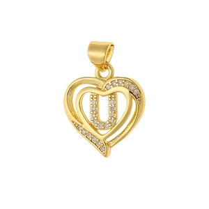 Detail of a gold heart pendant with micro-inlaid zircon and a central letter U charm