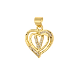 Gold heart-shaped pendant with cubic zirconia letter V and polished metal finish