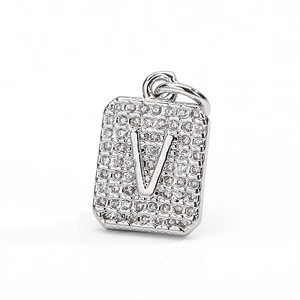 Luxurious silver square pendant with micro-paved zircons and letter V engraving