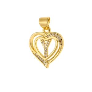 Macro detail of gold-plated hollow heart pendant with micro-paved cubic zirconia letter Y