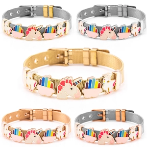 Unicorn Mesh Strap Bracelet Stainless Steel Adjustable Colorful Enamel Charms Rainbow Cloud Jewelry For Kids Women Gift