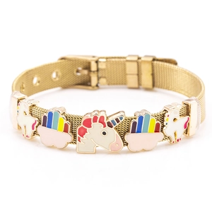 Gold mesh unicorn charm bracelet with colorful rainbow enamel accents and adjustable buckle