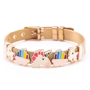 Rose gold mesh unicorn bracelet with enamel charms and rainbow pendants for kids
