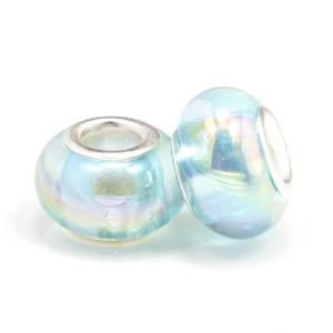 Pair of iridescent light blue glass European beads with silver metal core and luster