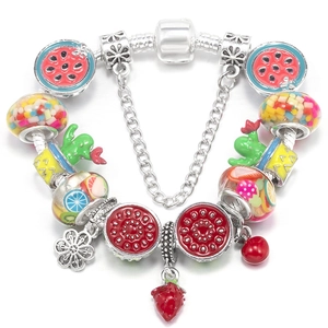 Cartoon DIY Fruit Charm Bracelet For Women Girls Silver Plated Snake Chain Watermelon Strawberry Enamel Beads Fashion Jewelry Gift