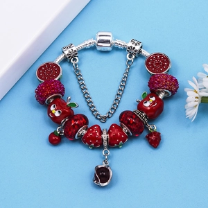 Red crystal beaded snake chain bracelet with strawberry and apple pendants for women