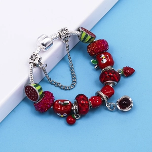 Silver snake chain bracelet with red crystal beads and colorful enamel fruit charms
