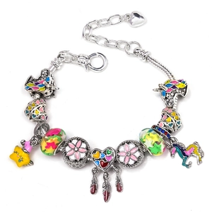 Exquisita Pulsera de Dijes DIY de Aleación Plateada para Mujer Esmalte Unicornio Estrella Atrapasueños Colgante de Corazón Joyería