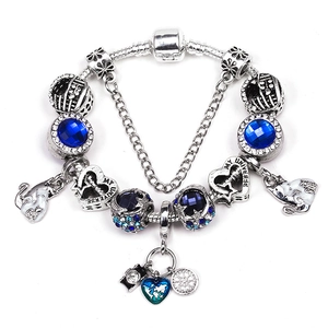 Europese Stijl Kraal Charm Armband Legering Blauw Strass Hart Hanger Slangenketting Mode Sieraden Cadeau Voor Dames
