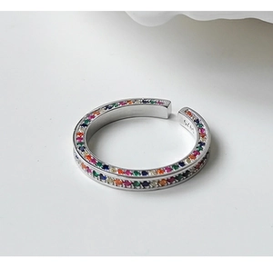 Detailopname van de S925 zilveren ring met dubbele rij regenboogkleurige zirkonia