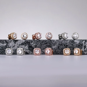 Detailed collection of halo cubic zirconia stud earrings in gold, silver and rose gold