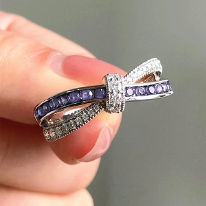 Bow Knot Ring Purple White Cubic Zirconia Criss Cross Copper Fashion Jewelry For Women Elegant Trendy