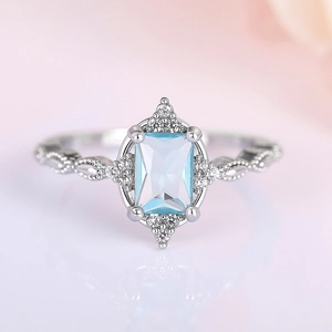 Vintage Princess Ring Copper With Rectangular Light Blue Zircon Cubic Zirconia Accents Woven Band Elegant Women Jewelry