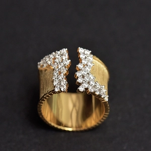 Close-up of gold ring with brushed matte finish and micro-pave white zircon crystals