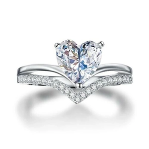 Luxury heart-shaped crown V-ring for women featuring a micro-pave silver engagement design