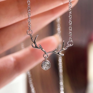 Macro view of elk antler necklace with a sparkling crystal stone on a silver chain