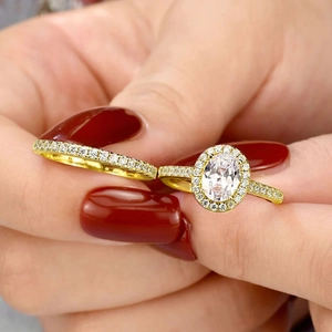 Ovaler Zirkon Ring Und Passendes Band Kupfer Halo Verlobung Hochzeit Ringe Für Frauen Plattiert Mode Luxus Geometrischer Schmuck