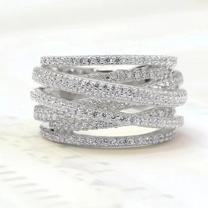 Bague Croisée Multicouche Cuivre Zircon Large Bande Criss Cross Pavé Set Bijoux Géométriques Tendance Pour Femmes