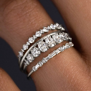 Three-piece silver stacking ring set with cubic zirconia in round and oval cuts