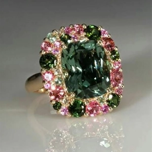 Anillo De Circón Cuadrado Verde Esmeralda Cobre Chapado En Oro Halo Colorido Joyería De Cóctel De Lujo Vintage Para Mujeres