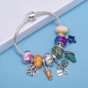 Pandora style DIY charm bracelet with silver snake chain and colorful heart beads