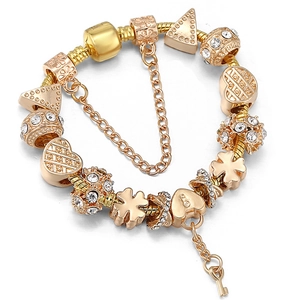 Luxus Vergoldetes Legierung Perlenarmband Herz Kleeblatt Schlüssel Anhänger Funkelnder Strass Schmuck Geschenk Für Damen