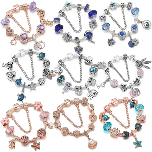 Women's DIY Charm Bracelet Alloy Rose Gold Silver Plated Heart Star Sea Shell Enamel Beads Fashion Jewelry Birthday Gift
