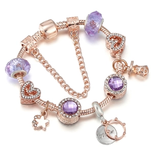 Rose gold snake chain bracelet with purple faceted glass beads and heart charm