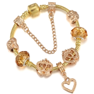 Pulsera de Amuletos DIY para Mujer Chapada en Oro Rosa Colgantes de Corona y Corazón Cuentas de Cristal Ámbar Cadena de Serpiente Plata 925