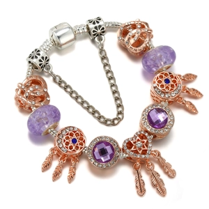Mode Or Rose Argent Plaqué Alliage Capteur de Rêves Bracelet Charm Perles de Verre Violet Zircone Cœur Plume Chaîne Serpent Bijoux Cadeau Femme