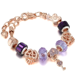 Pulsera de Cuentas de Cristal Púrpura de Aleación Chapada en Oro Rosa Con Colgante de Llave de Corazón Pulsera de Cadena de Serpiente para Joyería de Mujer Regalo