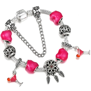 Silver snake chain bracelet with pink heart charms and dreamcatcher pendant for women