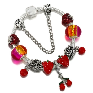Sweet Strawberry Cherry Fruit Charm Bracelet Alloy Enamel Beads Murano Glass Snake Chain Jewelry For Women Girls Gift