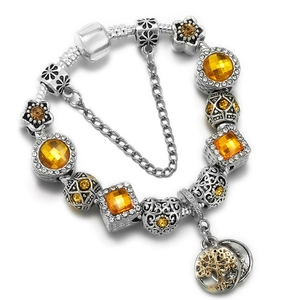 Vintage Legierung Gelbe Kristall Glasperlen Charm Armband Mit Lebensbaum Anhänger Schlangenkette Sicherheitskette Für Damen Schmuck