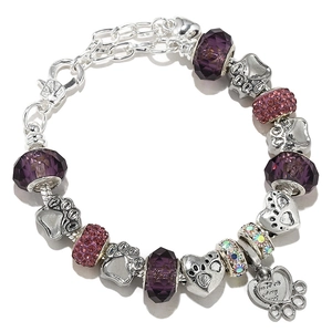 Paarse Kristallen Dierenpootafdruk Charm Armband Legering Verzilverd Hart Hanger DIY Kralen Armband Voor Vrouwen Huisdier Liefhebbers Cadeau