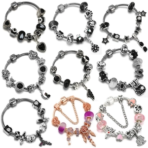 Fashion Alloy Beaded Charm Bracelet For Women DIY Heart Panda Owl Pendant Snake Chain Jewelry Rhinestone Bracelet Gift
