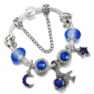 Luxus Vintage Legierung Kristall Herz Stern Mond Armband Blaue Glasperlen Charme Armband Mit Flugzeug Erde Anhänger Schmuck Für Damen