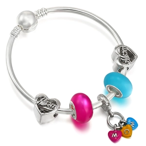 DIY silver charm bracelet for girls with Mom pendants and colorful enamel beads