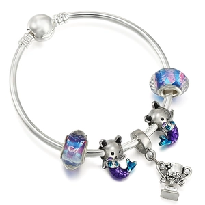DIY charm bracelet with blue glass beads and enamel mermaid cat pendants on silver metal