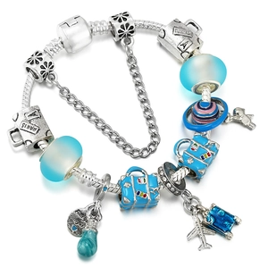 Travel Theme Alloy Charm Bracelet With Blue Suitcase Airplane Pendants Snake Chain DIY Jewelry For Women Gift Find Your Light