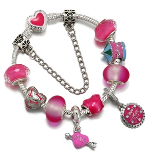 Pink Heart Carousel Charm Bracelet Alloy Enameled Beads Snake Bone Chain Jewelry For Women Birthday Party Gift Accessory