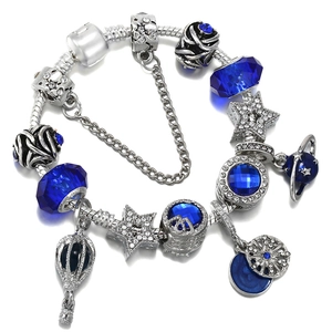DIY charm bracelet with blue crystal beads, hot air balloon and star pendants on silver chain