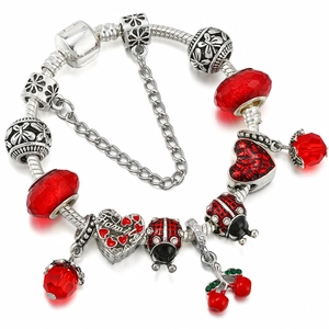 Red Cherry Ladybug Charm Bracelet Silver Plated Snake Chain Heart Beads Enamel Fruit Animal Elegant Jewelry For Women Gift