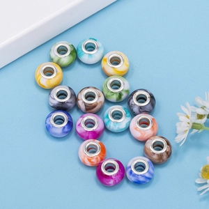 Colorful gradient resin beads with large holes and silver inner rings for DIY bracelets