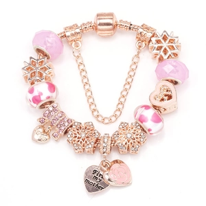 Bracciale Charm in Lega Oro Rosa Con Perline di Cristallo Rosa Fiocco di Neve Cuore Rosa per Festa della Mamma San Valentino Donna