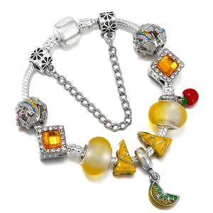 DIY Fruit Theme Charm Bracelet With Lemon Cherry Pizza Cake Pendants Alloy Glass Beads Zirconia Heart Bracelet For Women