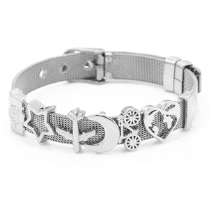 Adjustable stainless steel mesh bracelet with airplane, star, moon, bike and heart charms