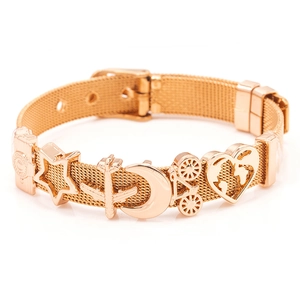 Rose gold stainless steel mesh charm bracelet with heart, star and airplane charms